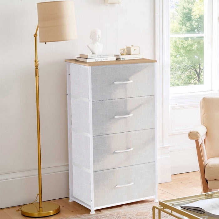 Nextay 4 Drawer Dresser with Wood Top, Fabric Storage Tower & Tall Chest for Bedroom, Living Room, Hallway Organization, Light Gray