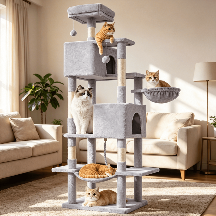 Taoset 66-Inch Cat Tree, Light Gray Cat Tower with Sisal Scratching Post, Multi-Level Plush Pet' Toy Tree with Climbing Ladder