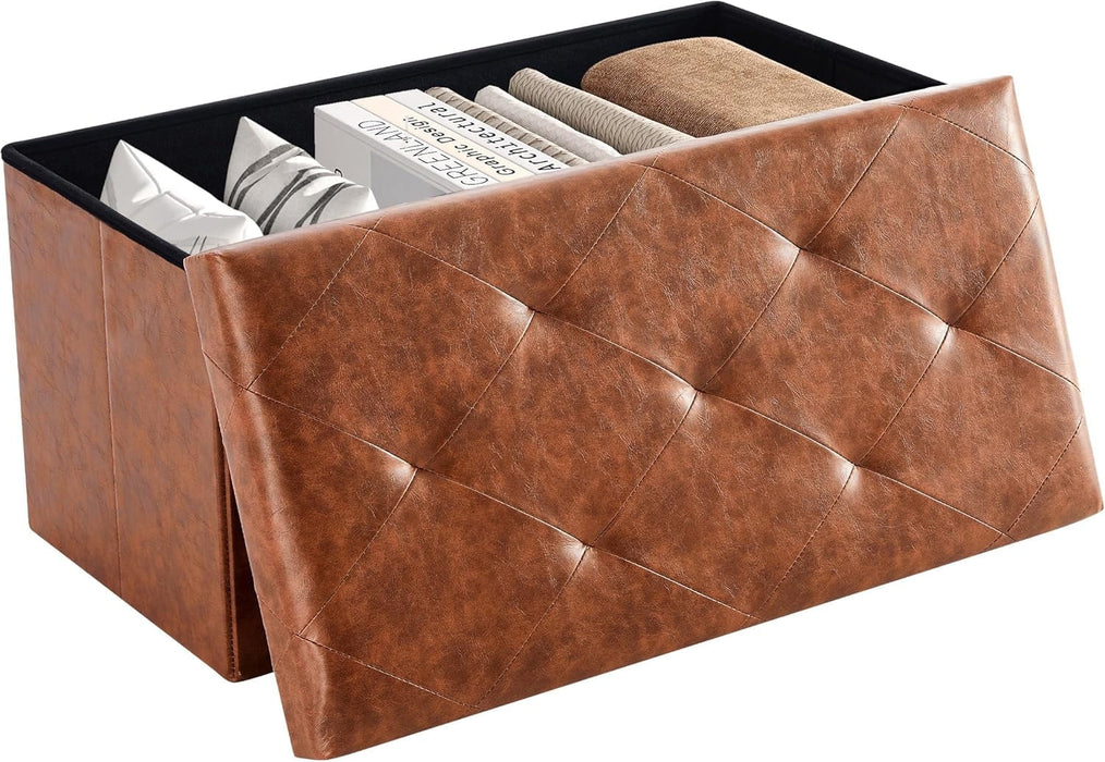 Simenmax Versatile Ottoman Storage Bench, 30" Wide Folding Footrest Stool, PVC Fabric Chest for Living Room, Bedroom, Entryway,Brown