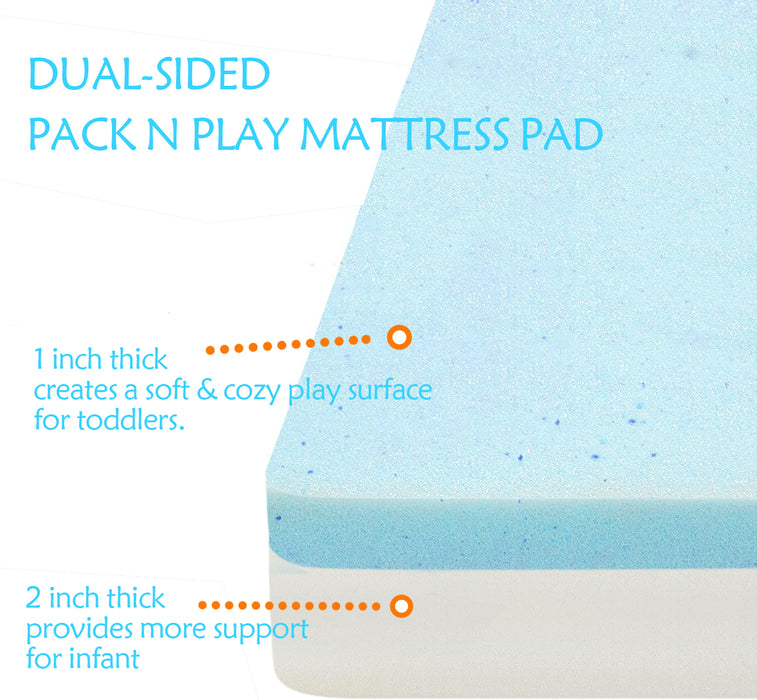 Pack and Play Mattress, Dual Sided 2-Stage Premium Memory Foam Mattresses Pad, 3" Pack n Play Pen Portable Mini Crib Mattress for Baby Toddler with Washable Breathable Cover