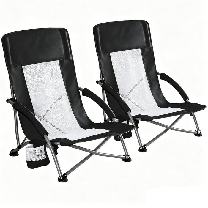 Simenmax Low Beach Chair Set of 2 – Folding Camping Chair for Adults, Low Profile Lawn Chair with Cup Holders for Outdoor, Travel, Concerts, Beach,Black