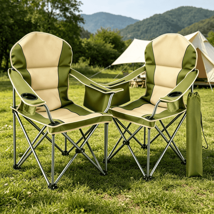 Taoset 2 PCS Oversized Camping Chair, Folding Chairs with Padded Back and Armrest, Steel Frame with Cooler Bag, Storage Netting Cup Holder, Green