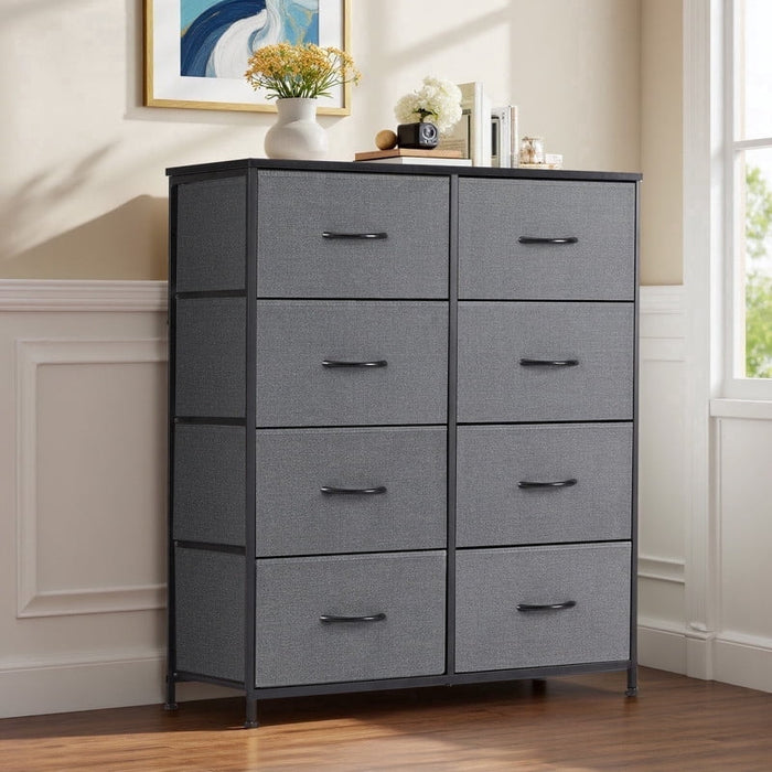Ethovia 8-Drawer Fabric Storage Dresser, Sturdy Steel Frame with Wooden Tabletop, Wide Foldable Bins, Perfect for Bedroom, Hallway, and Entryway, Gray