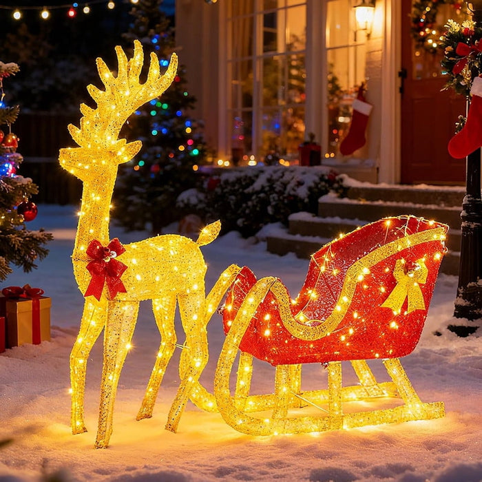 Simenmax 4 FT Pre-Lit Christmas Reindeer & Santa Sleigh Set, 180 Warm White LED Lights, Holiday Yard Decoration for Lawn, Porch, Garden & Entryway, Gold