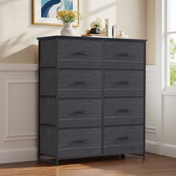 Ethovia 8-Drawer Fabric Storage Dresser, Sturdy Steel Frame with Wooden Tabletop, Wide Foldable Bins, Perfect for Bedroom, Hallway, and Entryway, Black-W