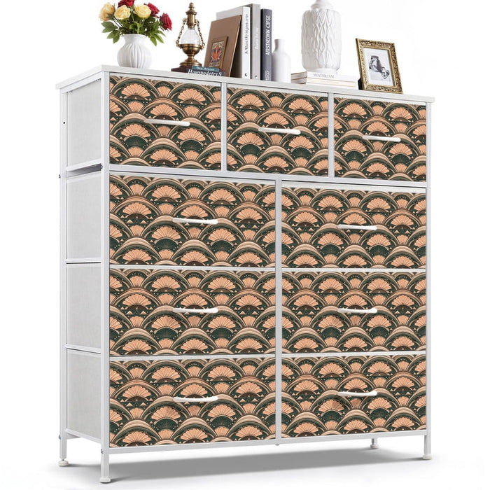 Betcozy 9 Drawers Fabric Dresser with White Metal Frame, Storage Tower for Bedroom, Classic Art Deco Green Wave