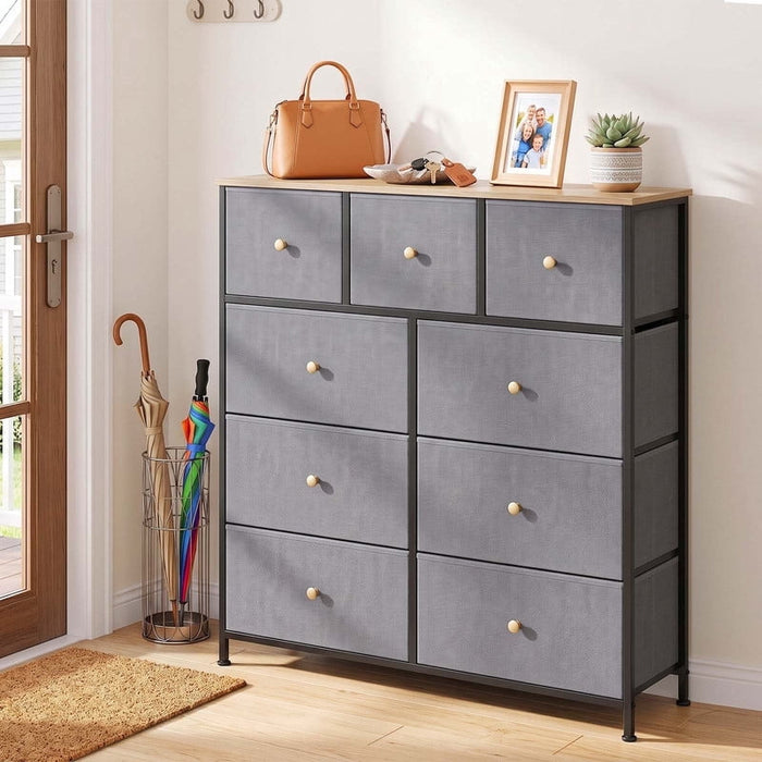 Nextay 9 Drawers Dresser for Bedroom, Fabric Dresser with Sturdy Steel Frame, Wooden Top & Easy Pull Fabric Bins,Blue Gray