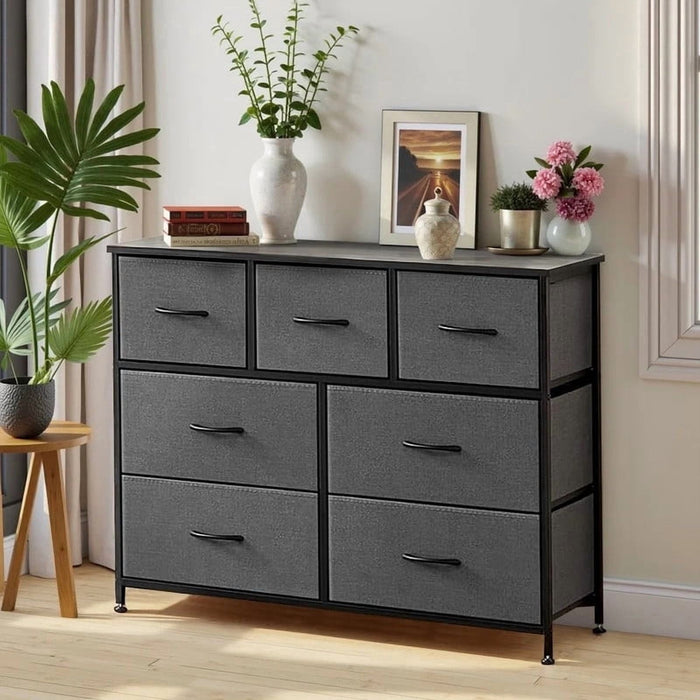 Nextay 7 Drawer Dresser, Fabric Storage Tower Organizer with Wood Top and Steel Frame for Bedroom, Closet, Hallway, Entryway,Gray