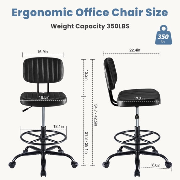 Armless Office Desk Chair, PU Leather Ergonomic Task Chair with Low Back Lumbar Support, Height Adjustable Swivel Computer Chair for Home Office