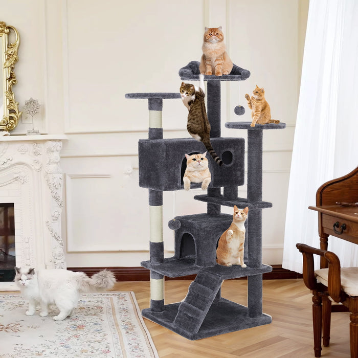 Blorly Cat Tree, 54-Inch Cat Tower with Sisal Scratching Post, Multi-Level Plush Cat Tree with Climbing Ladder, Dark Gray