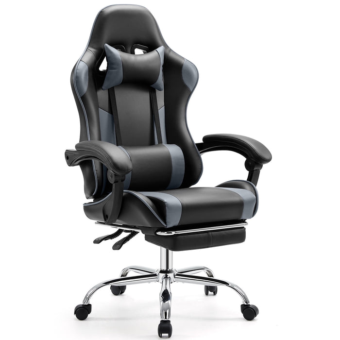 Taoset Gaming Chair with Retractable Footrest, with Headrest & Lumbar Pillow, Fixed Armrest for Gaming Room Napping, Gray