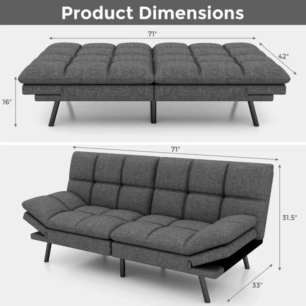 Futon Sofa Bed, Convertible Sofa Bed, Memory Foam Futon with Adjustable Armrests and Backrest, Dark Gray