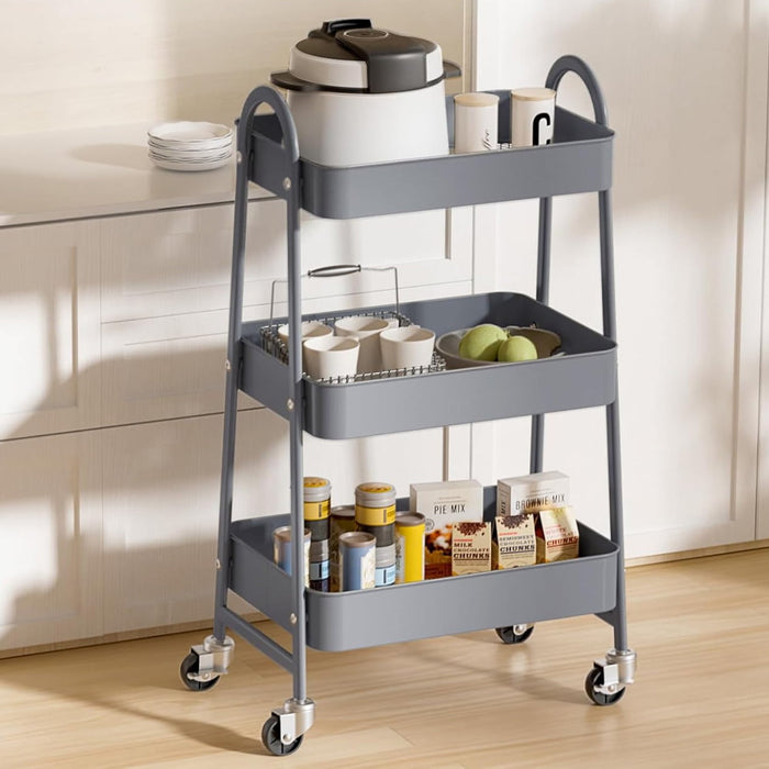Bigleap Rolling Utility Cart, 3-Tier Metal Storage Trolley with Handle and Lockable Wheels, Multifunctional Organizer for Office, Kitchen, Living Room, Bathroom,Gray