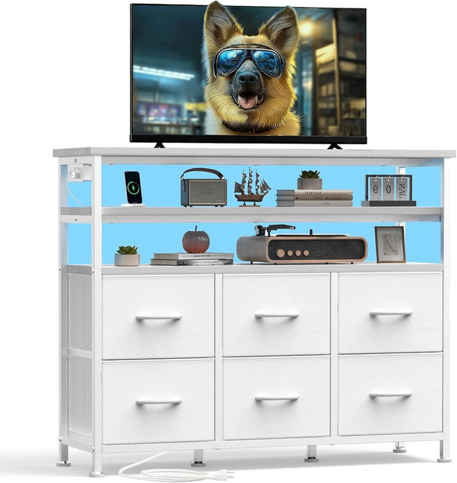 Simenmax TV Stand for Up to 45 Inch TV, Wood Top Media Console with 6 Fabric Drawers, LED Lights & Charging Station,White