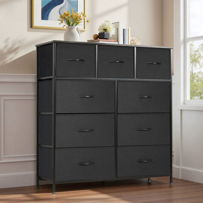 Ethovia 9-Drawer Fabric Storage Dresser, Sturdy Steel Frame with Wooden Tabletop, Wide Foldable Bins, Perfect for Bedroom, Hallway, and Entryway, Black