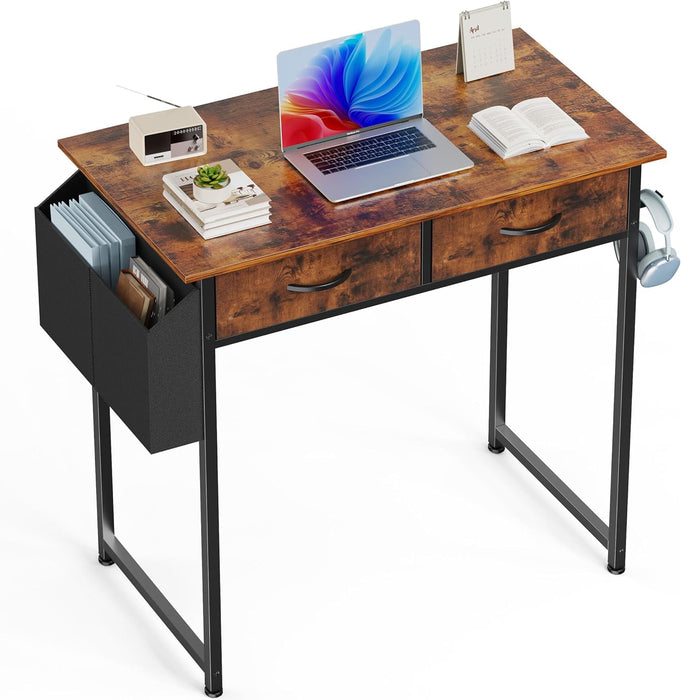 Bigleap 32 Inch Computer Desk with 2 Fabric Drawers, Modern Minimalist Writing Desk for Home Office, Bedroom, Study, Brown