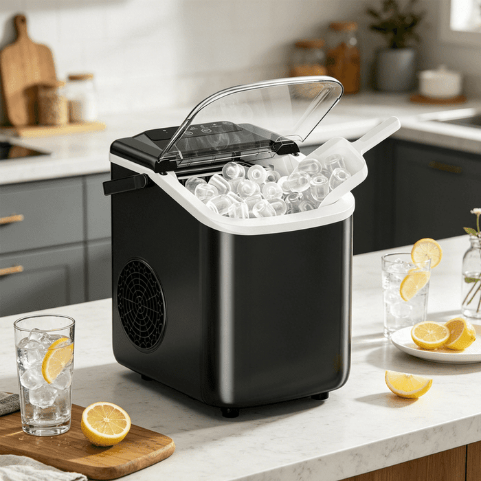 Blorly Portable Countertop Ice Maker with Handle, Self-Cleaning Bullet Ice Maker, 9 Ice Cubes Ready in 6 Minutes, 26lbs/24H, Eco-Friendly with Ice Scoop & Basket for Home, Office, Bar, Party, RV (Black)