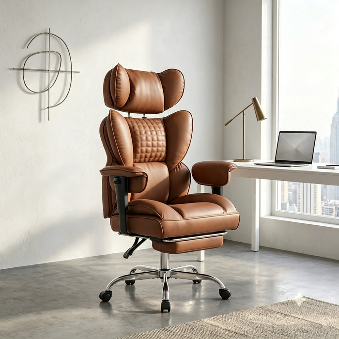 Betcozy High‑Back Executive Office Chair，Retractable Footrest & Adjustable Armrest，Big & Tall Gaming Chair with Thicken Seat，350lbs Weight Capacity，PU Leather，135° Recline, Brown