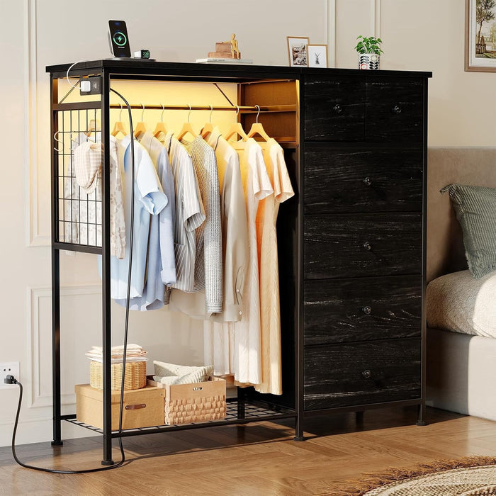 Taoset 6-Drawer Dresser with Clothes Rack & Charging Station, Garment Rack with Hanging Rod & Side Hooks, Free Standing Closet Organizer Storage Shelves for Bedroom, Cloakroom, Wood Black