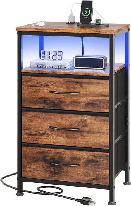 Simenmax Nightstand with Charging Station & LED Lights, 3 Drawer Bedside Table with Variable Light Strip, Modern Industrial Bedroom Furniture, Brown