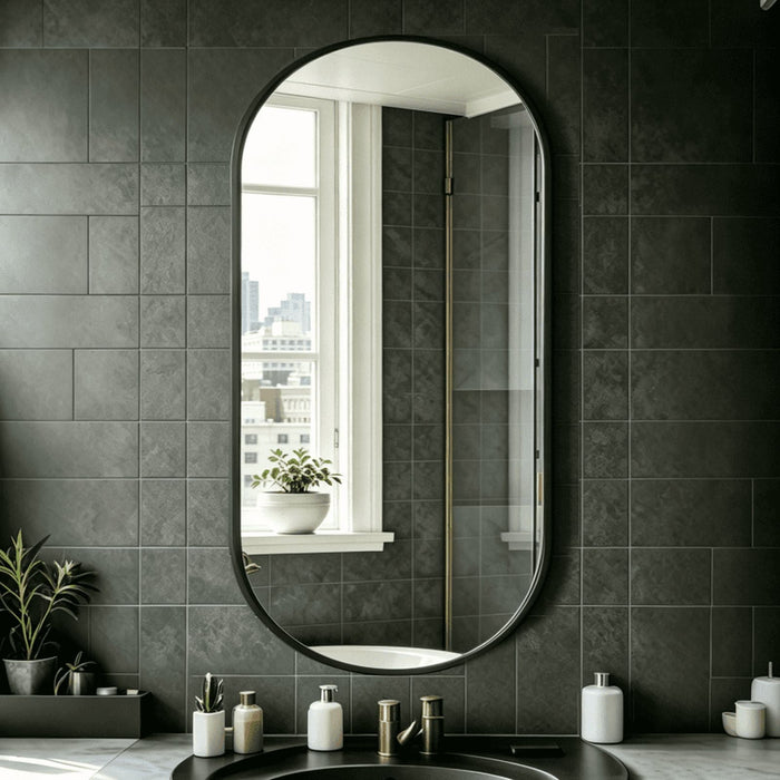 Blorly Modern Oval Wall Mirror, 24"X48" Matte Black Metal Frame Mirror for Bathroom Vanity, Entryway, Living Room, HD Reflection Rust-Resistant Decorative Hanging Mirror, Black