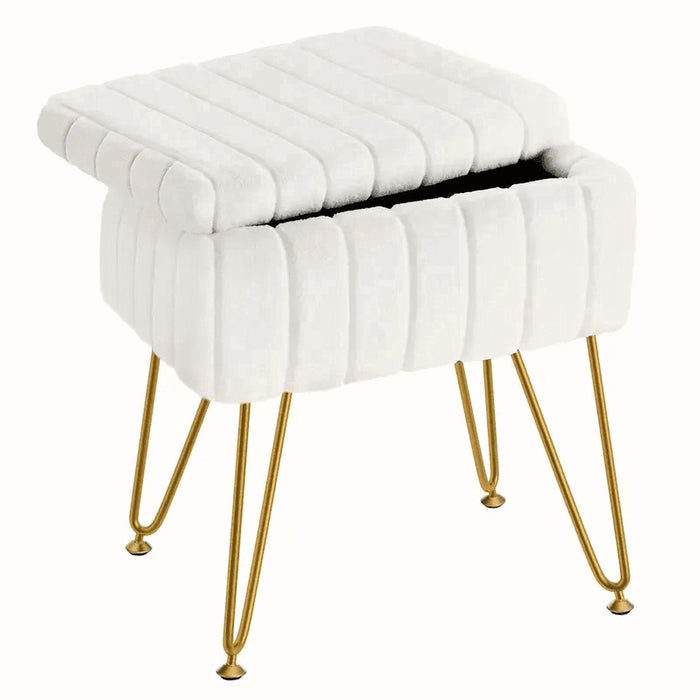 Nextay Ottoman Vanity Stool Chair with Storage, Modern Style Faux Fur Seat with 4 Metal Legs & Non-slip Feet for Living Room, Bedroom, White