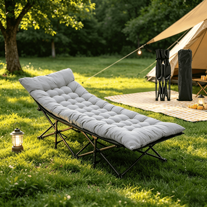 Betcozy Folding Camping Cot for Adults, 74" L x 28" W x 14" H Heavy Duty Outdoor Bed with Carry Bag,1200 D Layer Oxford Travel Camp, Gray