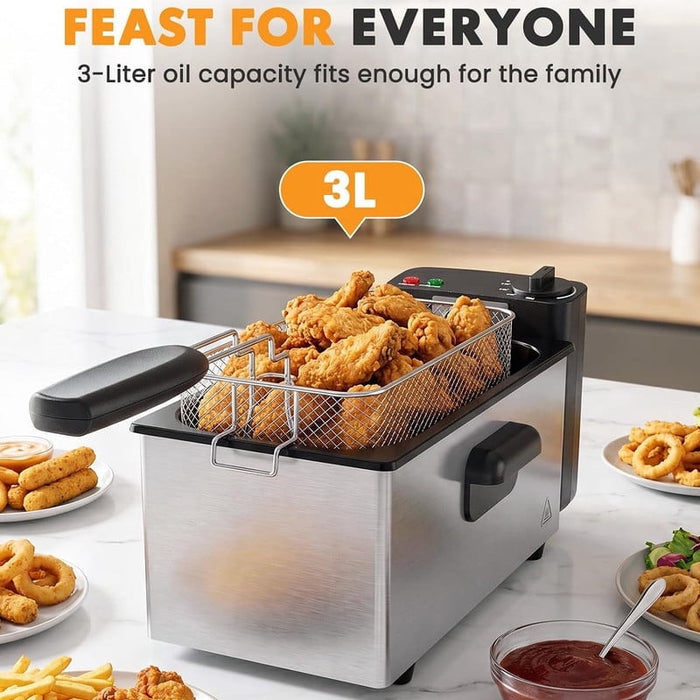 Nextay 3.2QT Electric Deep Fryer with Basket ¨C 1500W Stainless Steel Oil Fryer, Adjustable 4-Temp Settings, Anti-Scald Handles & Viewing Lid for Crispy Chicken, Shrimp & Fries, Silver