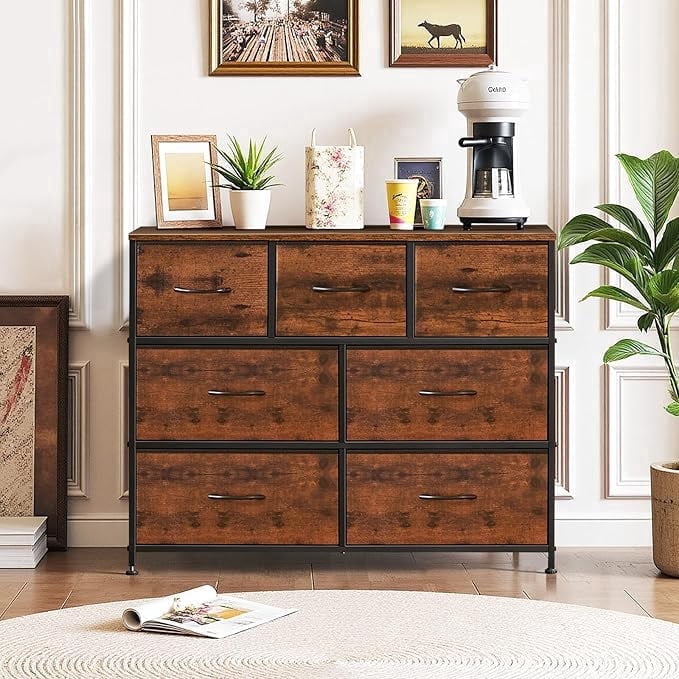 Ethovia 7-Drawer Fabric Storage Dresser, Sturdy Steel Frame with Wooden Tabletop, Wide Foldable Bins, Perfect for Bedroom, Hallway, and Entryway, Rustic