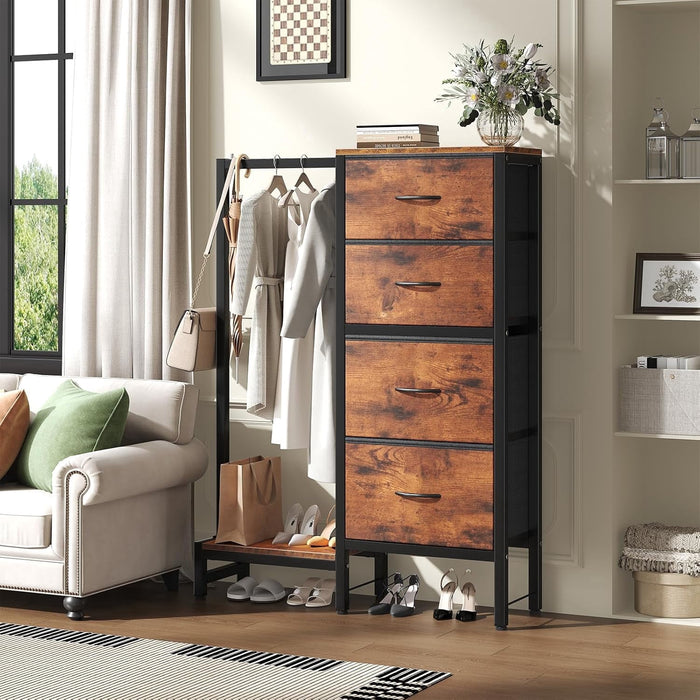 Taoset Hall Tree with Drawers, Industrial Coat & Clothes Rack Free Standing, Multi-Functional Clothes Garment Rack with Hanging Rod & Side Hooks for Entryway, Bedroom, Small Space, Brown