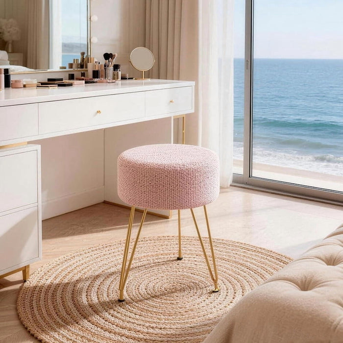 Bigleap Pink Vanity Stool, Round Ottoman Foot Rest with Gold Metal Legs, Dressing Table Seat for Bedroom, Living Room