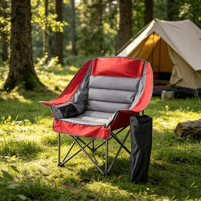 Blorly Oversized Padded Camping Chair, Heavy Duty Folding Camping Chair for Adults, Fully Cushioned Saucer Lounge Chair with Cup Holder and Carry Bag, Supports 500 lbs, Red