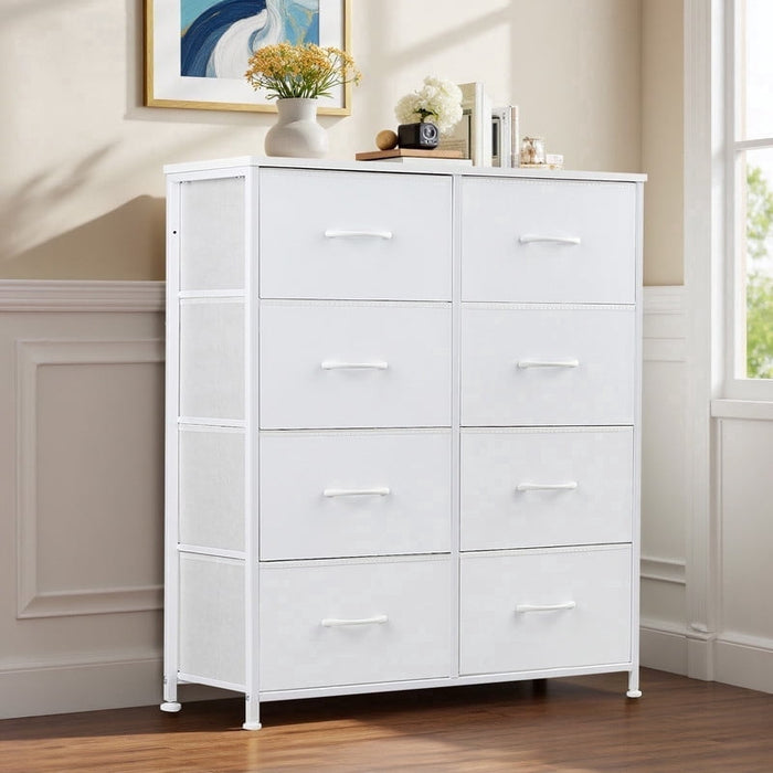 Ethovia 8-Drawer Fabric Storage Dresser, Sturdy Steel Frame with Wooden Tabletop, Wide Foldable Bins, Perfect for Bedroom, Hallway, and Entryway, White