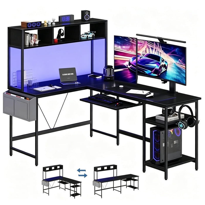 Taoset 67" L-Shaped Gaming Desk with RGB LED Hutch, Slide Keyboard Tray & Storage Shelves, Reversible 94.5" Straight Multi Monitor Computer Desk with Side Pocket Headset Hooks, Black