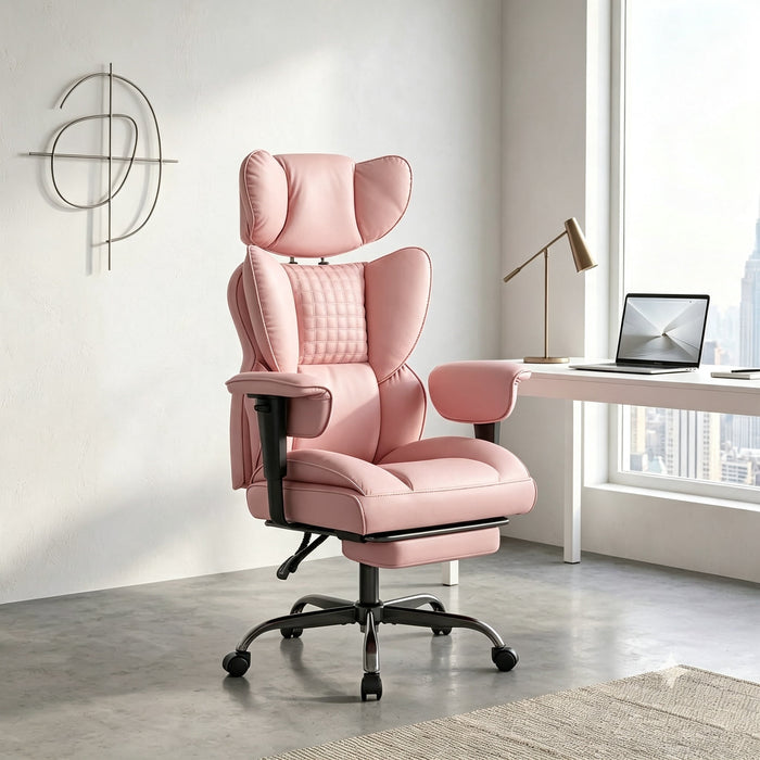 Betcozy High‑Back Executive Office Chair，Retractable Footrest & Adjustable Armrest，Big & Tall Gaming Chair with Thicken Seat，350lbs Weight Capacity，PU Leather，135° Recline, Pink