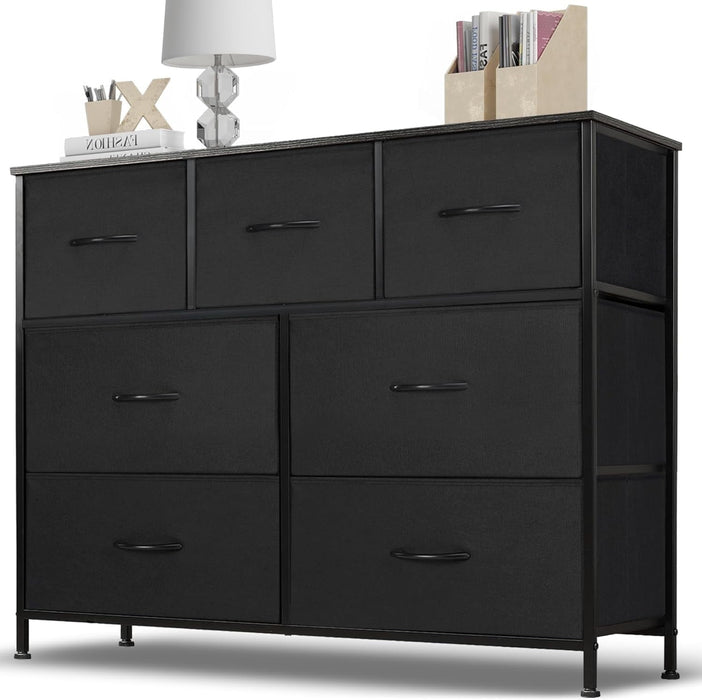 7 Drawer Dresser, Wide Chest Of Drawers Nightstand Storage Tower Storage Dresser Fabric Dresser With Wood Top for Living Room, Bedroom, Hallway, , Black