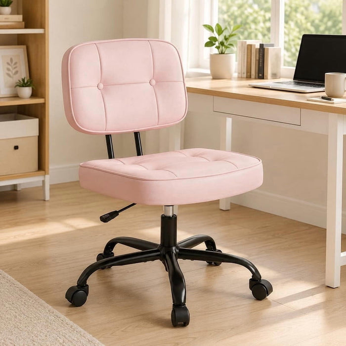 Simenmax Armless Office Chair – Ergonomic PU Leather Drafting Chair, Height Adjustable Swivel Rolling Task Chair for Vanity, Bedroom, Study, Living Room, Pink