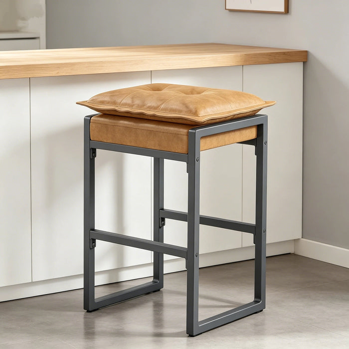 Modern Counter Height Bar Stool Set of 1, Metal Frame with Double Cushion & Footrest, for Kitchen Island & Home Bar, Brown