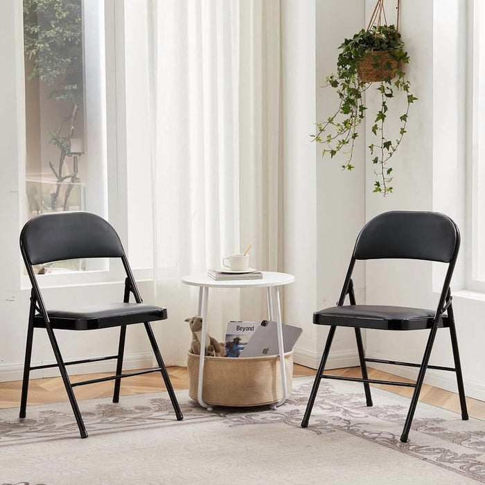 Bigleap 2-Pack Folding Chairs with Leather Padded Seat & Back – Portable Dining Chairs for Home, Office, Party, Camping, Black