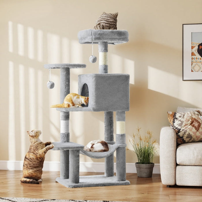 Bigleap 44” Light Gray Cat Tree Tower for Indoor Cats, Multi-Level Climbing Activity Center with Hammock, Scratching Posts & Cozy Condo