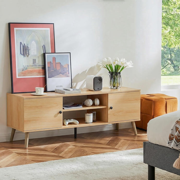 Taoset Mid-Century Modern TV Stand for TVs up to 60", Wood Entertainment Center with Storage Cabinets and Open Shelves, Natural Oak