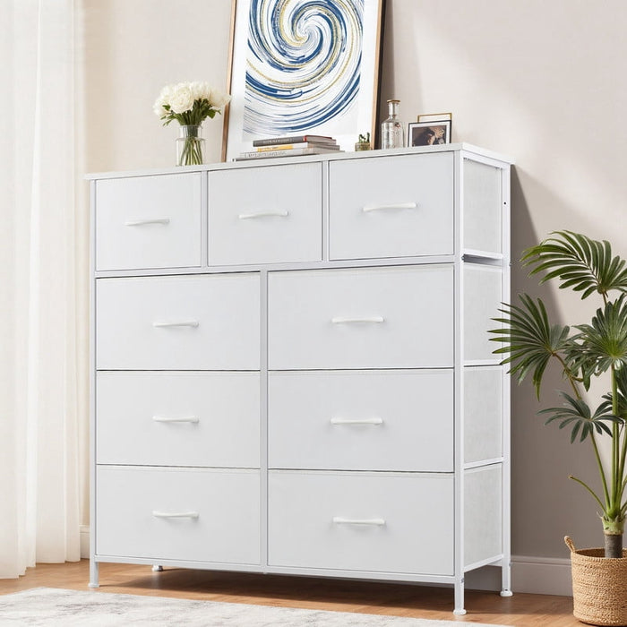 Ethovia 9-Drawer Fabric Storage Dresser, Sturdy Steel Frame with Wooden Tabletop, Wide Foldable Bins, Perfect for Bedroom, Hallway, and Entryway, White