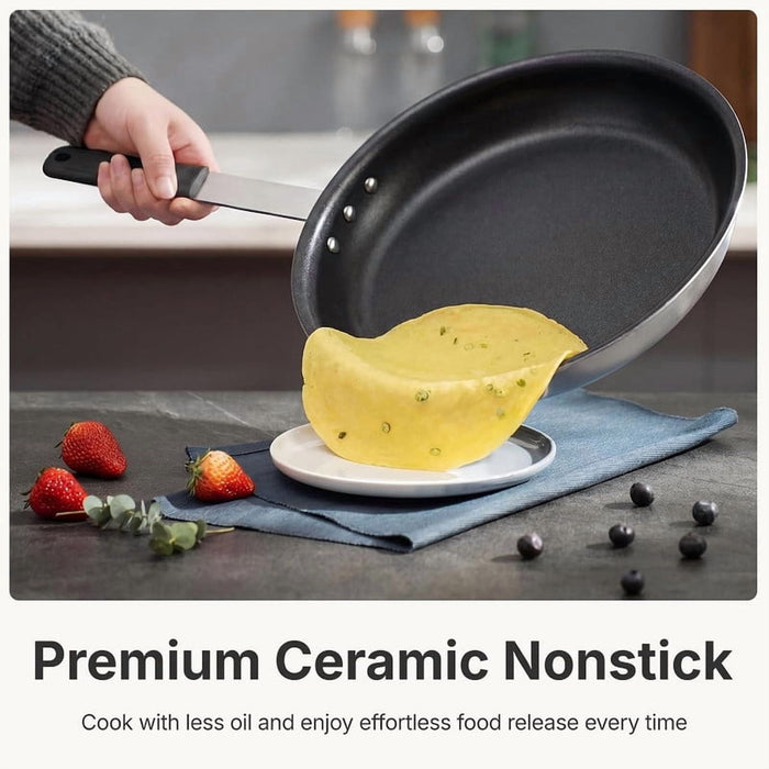 Nextay 12-Inch Ceramic Nonstick Frying Pan, Induction Compatible Skillet with Stainless Steel Base, Black