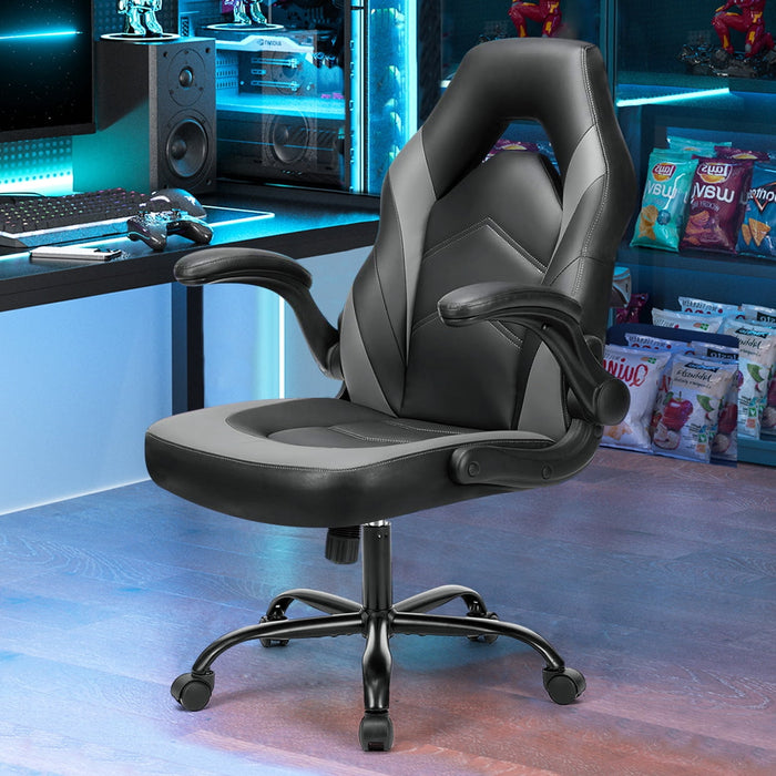 Simenmax Gaming Chair, Ergonomic Office Leather Racing Chair with Flip-up Armrest, Black Gray