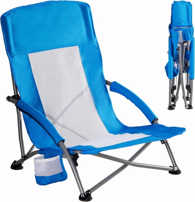 Bigleap Portable Beach Chair, Low Heavy Duty Camping Chair with Carry Bag, Breathable Mesh Lawn Chair for Outdoor, Travel, Festival, Blue
