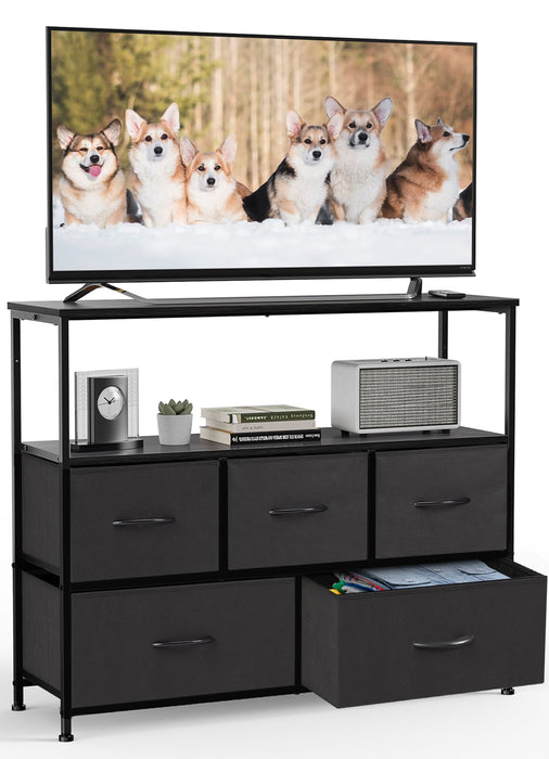 Ethovia 5-Drawer Fabric Dresser & TV Stand, Entertainment Center for 45-Inch TV with Open Shelf and Adjustable Feet, for Bedroom and Living Room, Black