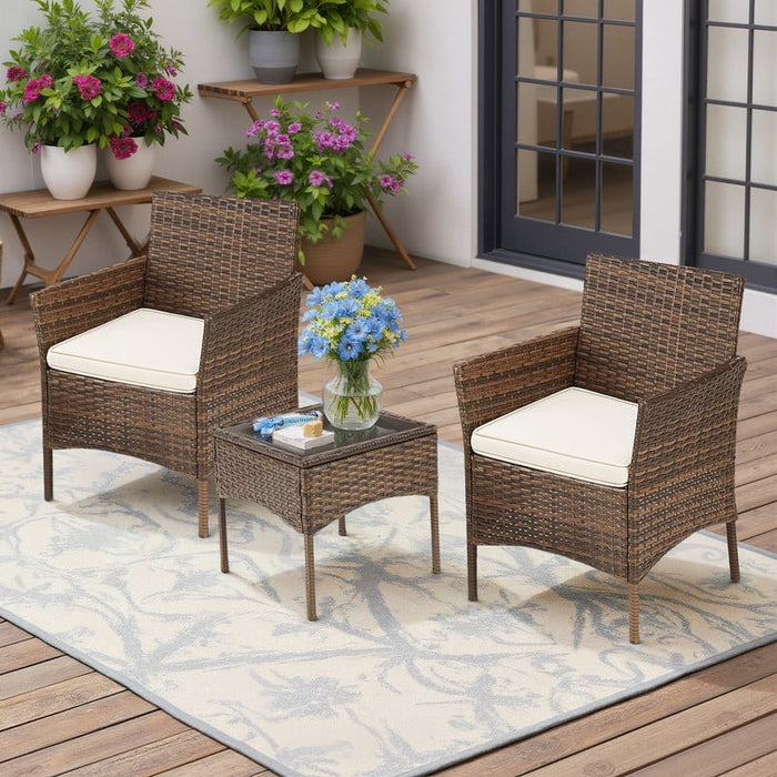 Blorly 3 Piece Outdoor Patio Furniture Set, All-Weather Rattan Wicker Conversation Set with Washable Cushions & Glass Top Coffee Table, Modern Sectional Garden Sofa Set for Backyard, Porch, Poolside (Brown)
