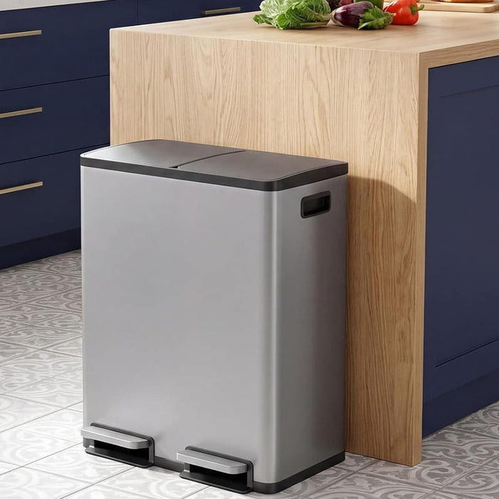 Bigleap Dual Compartment Trash Can, 60L/16Gal Stainless Steel Kitchen Garbage Bin with Soft-Close Foot Pedal, Smudge-Proof Rectangular Recycling Can for Home Office,Matte Gray
