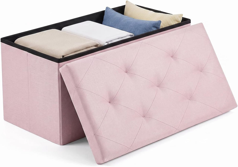 Simenmax 30-Inch Folding Storage Ottoman Bench, Linen Foot Rest Stool with Padded Seat, Heavy-Duty Bedroom Bench for Living Room, Entryway, or Home Office,Pink