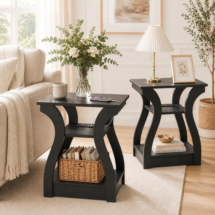 Nextay 2PCS Nightstand with Charging Station, 3-Tier Narrow End Table for Small Spaces, Bedside Shelf with USB & Type-C Ports, Black
